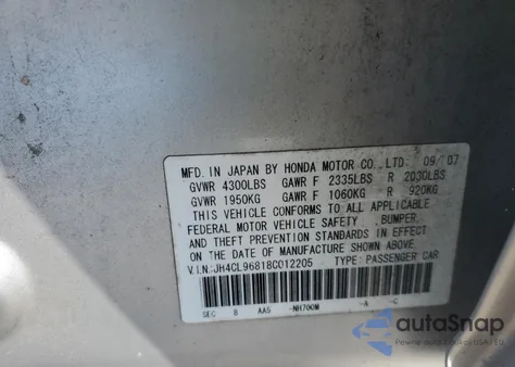 2008 Acura Tsx from USA, damaged, VIN JH4CL96818C012205
